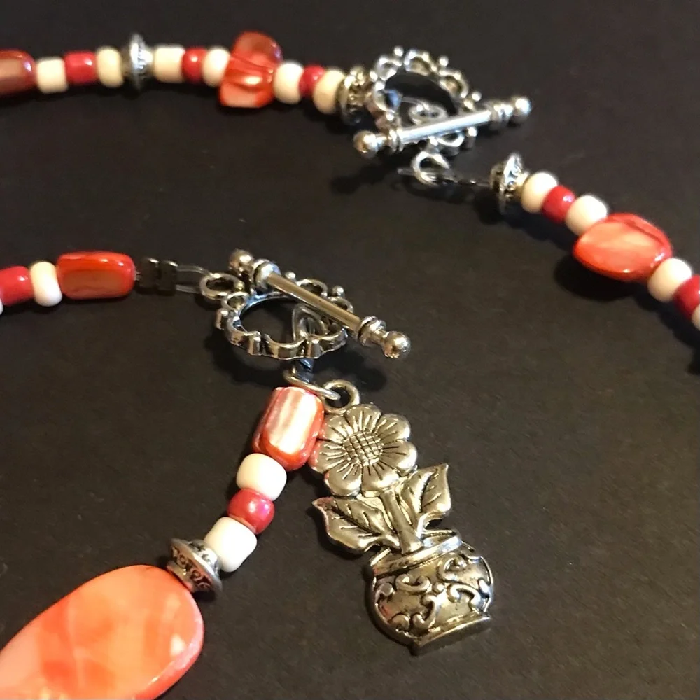 New Handmade Child’s Jewelry Set- Necklace, Bracelet & Earrings, Coral / Ivory - Picture 3 of 7
